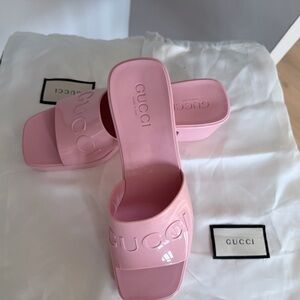 Gucci Rubber Logo Platform Slide Sandals Shoes Wild Rose Pink